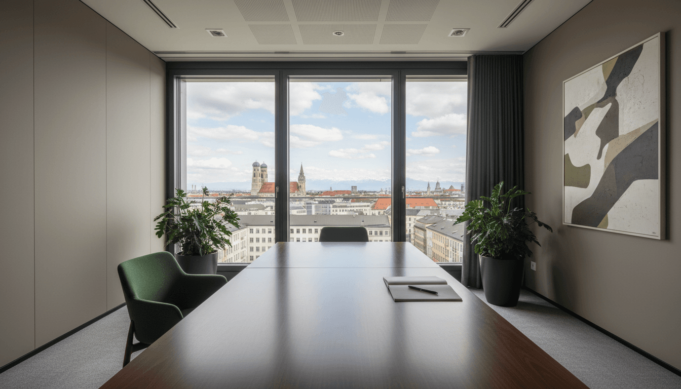 Elegantes Beratungszimmer mit Blick auf die Münchner Skyline